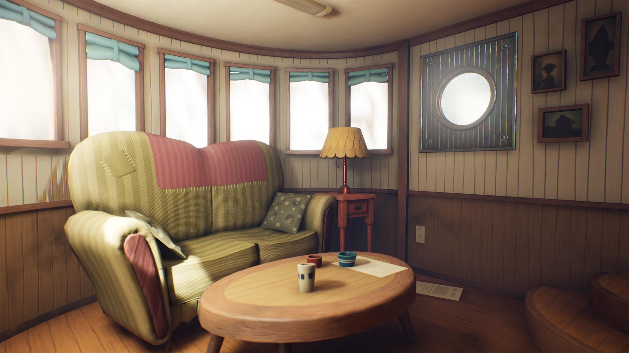 A render of a stylized tugboat interior living room